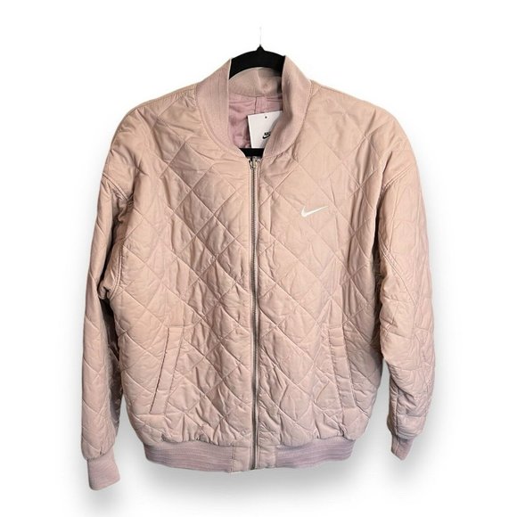 Nike Women's Size Medium REVERSIBLE Varsity Bomber Jacket Quilted Big Swoosh - Picture 1 of 12